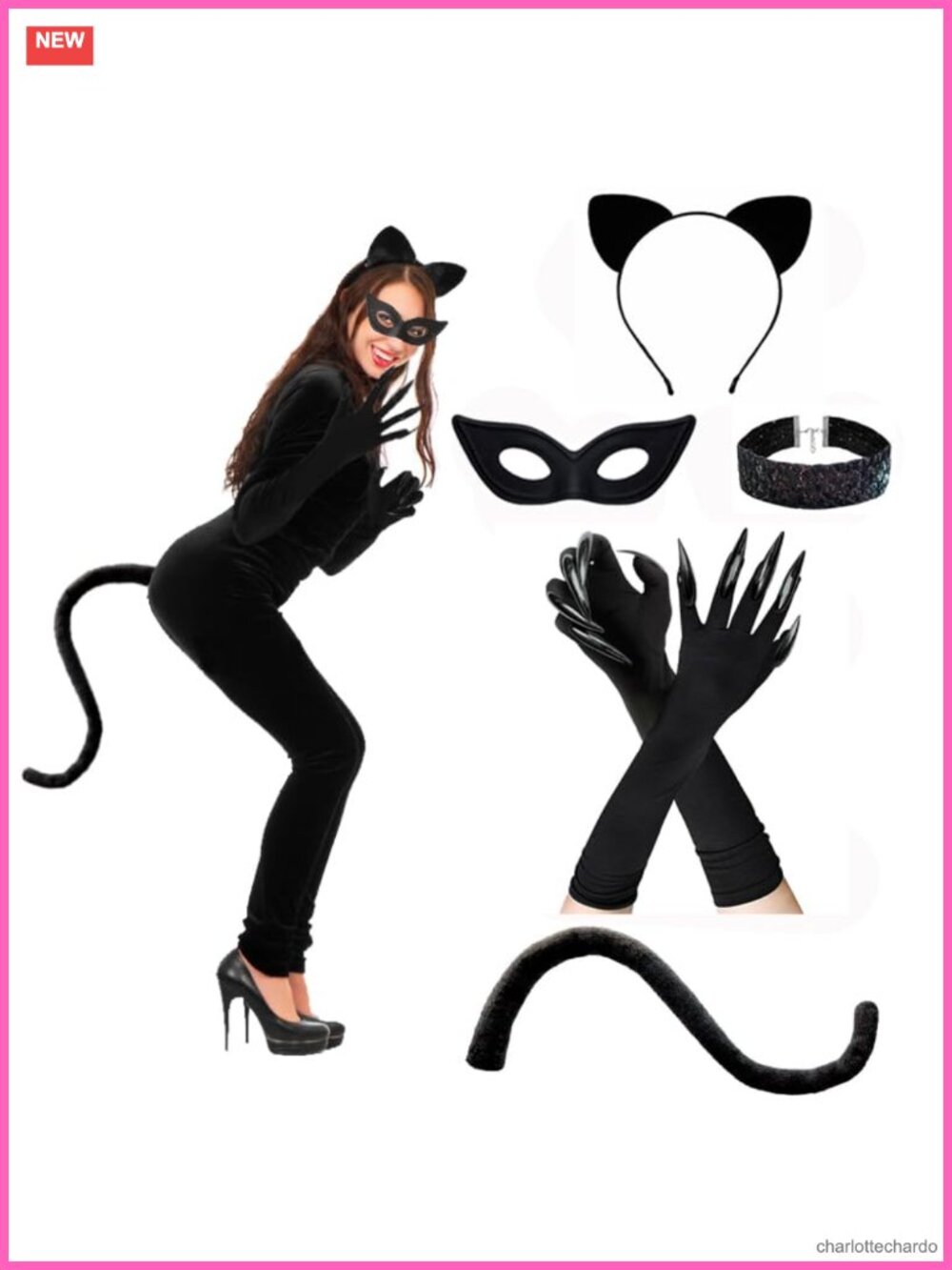 Plush Cat Costume Accessory Set: Mask, Ears, Tail, Gloves, Necklace